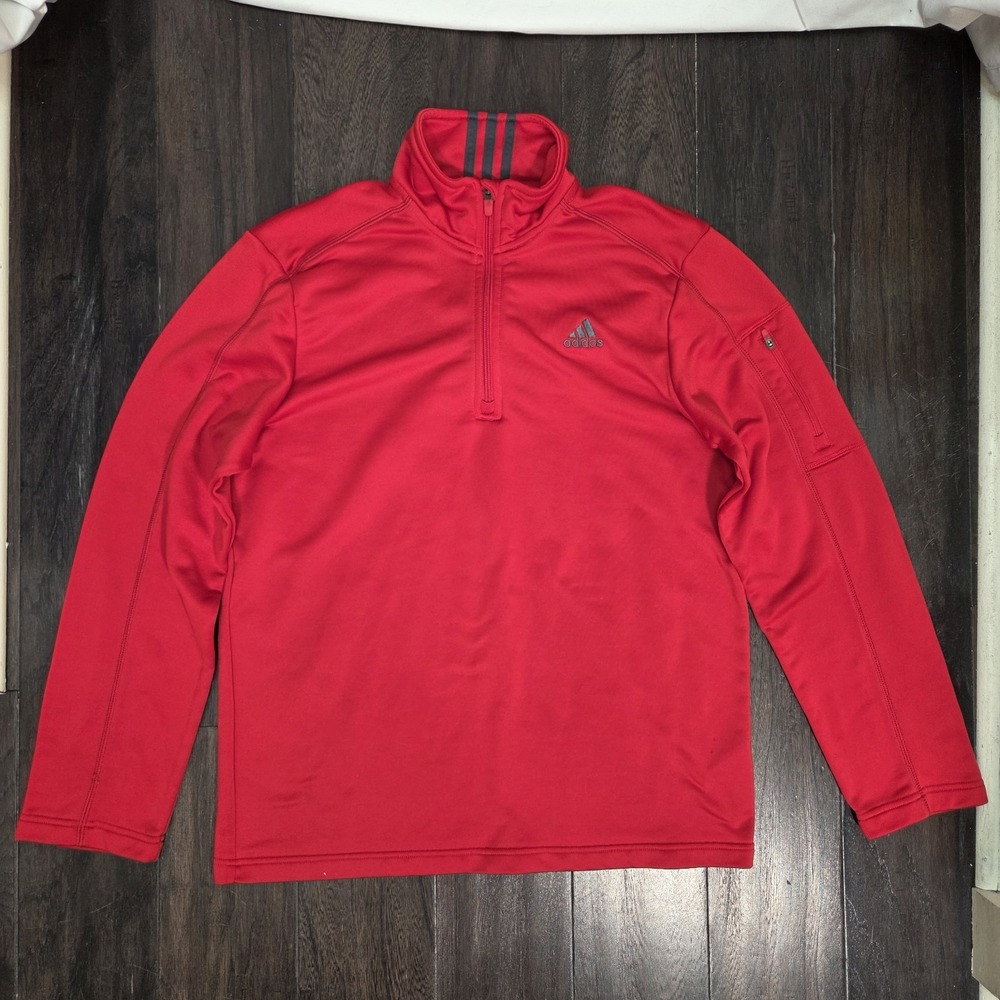 Adidas Red Gray Stripe 1/4 Zip Pullover Track Jacket Arm Zip Pocket Activewear
